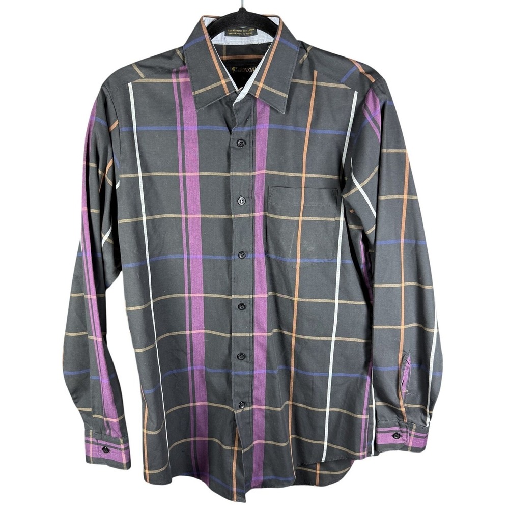 Bronzini Button‎ Up Shirt Mens Small Black Purple Plaid Long Sleeve